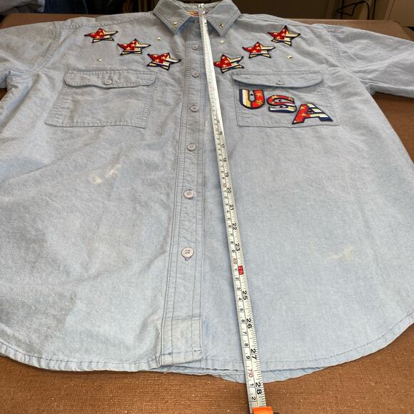 Cricket of the Creek Womens short sleeve denim button up Embroidered Stars VTG M - Picture 12 of 14
